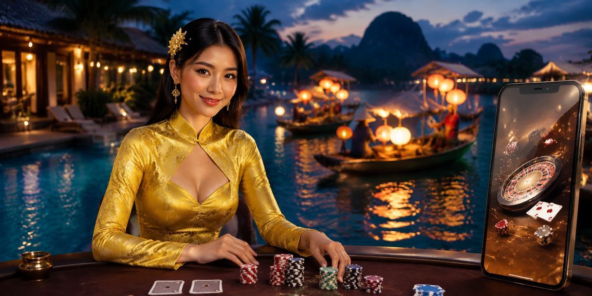 Người chơi mặc áo dài tại Nha Trang tham gia game bài và xem kèo trận đấu trực tuyến trên f68